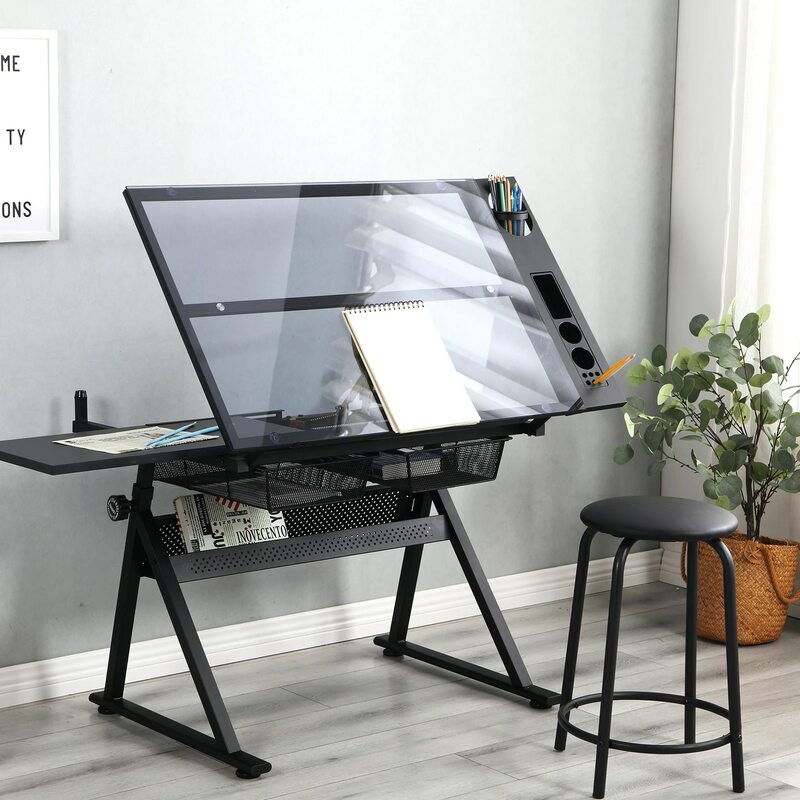 Height Adjustable Glass Top Drafting Table with Storage Drawer and Stool 47.2-55.1x23.6x27.4-35.8Inches Black[US-Stock]