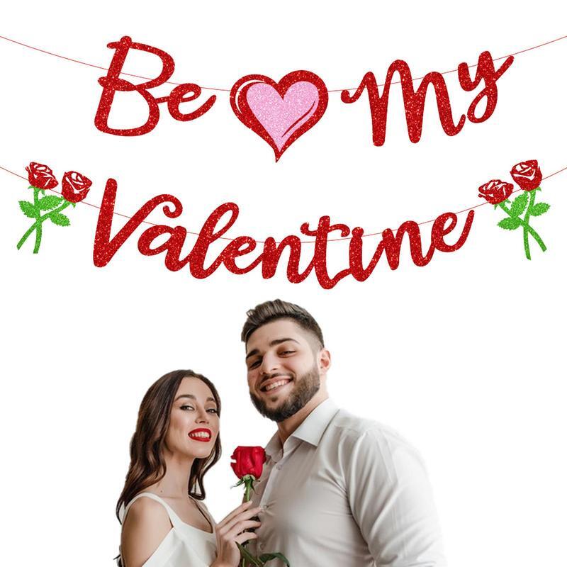 Be My Valentine Banner Glitter Heart Garland Banner Valentines Day Wedding Engagement Party Home Fireplace Mantle Decorations