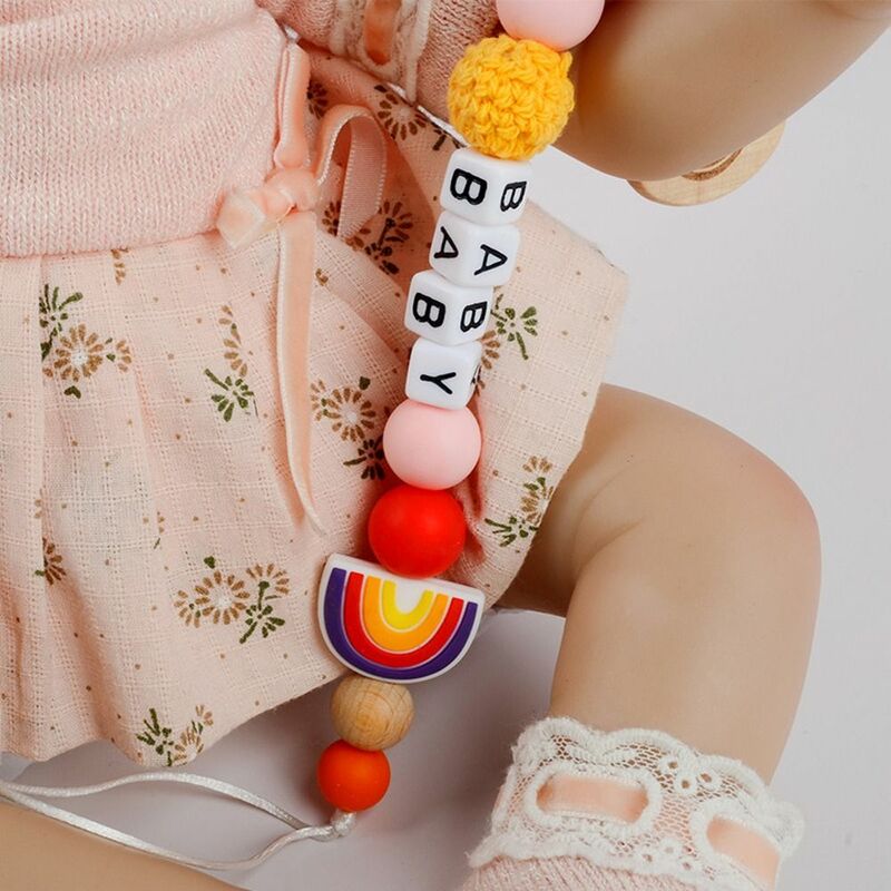 Bead Rainbow Safety Food Grade Beech Wood Anti-drop Nipple Holder Pacifier Clips Chains Molar Chain Baby Pacifier Chain