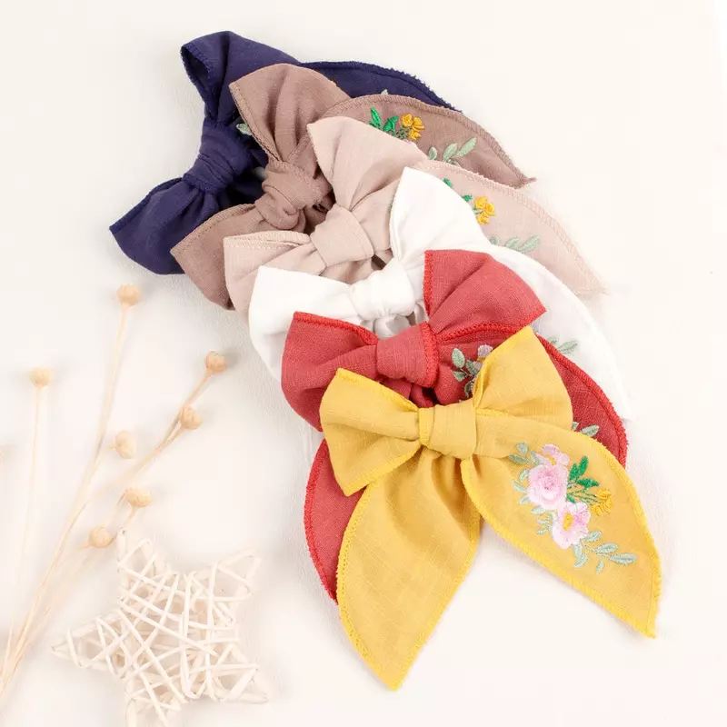 Embroidery Hair Bows Cotton Linen Barrette Baby Girls Big Bows Hairclip Children Cute Infant Spring Summer Hair Accessories