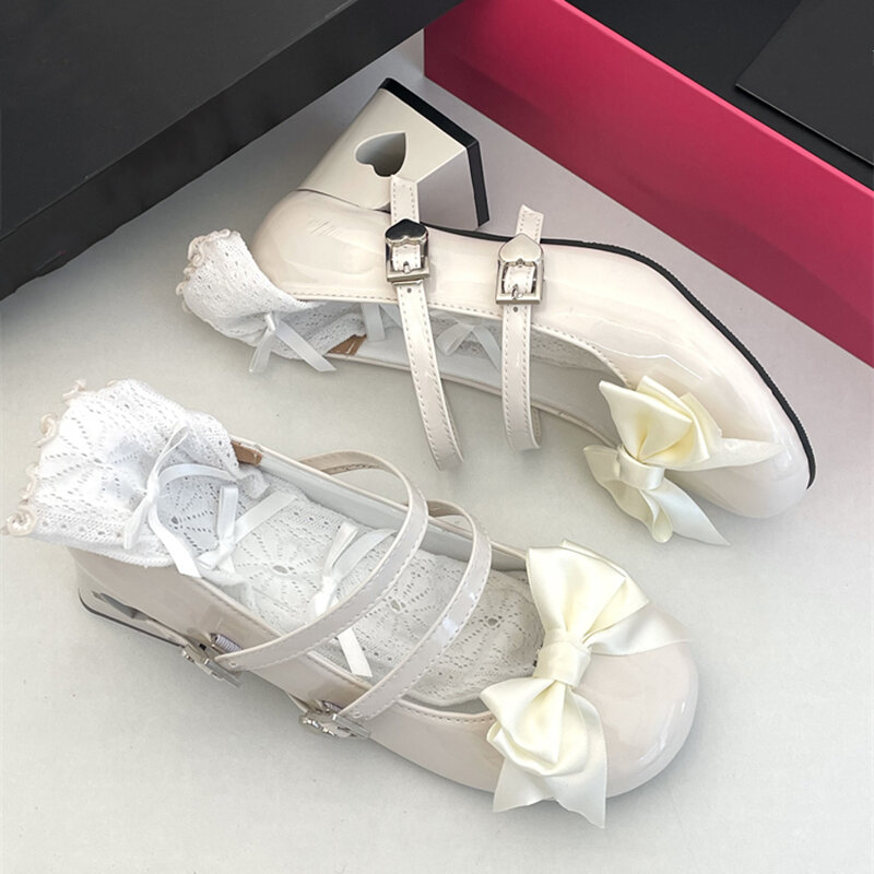 Pink Mary Jane Lolita Shoes Women 2023 Autumn Y2K Patent Leather Low Heels Pumps Woman Silk Bowtie Ankle Straps Party Shoes