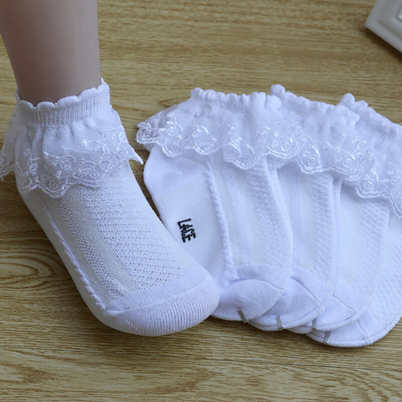 Ushine ถุงเท้าเด็กวัยหัดเดินเด็กผู้หญิงถุงเท้าชุดบัลเล่ต์หุ้มข้อผ้าฝ้ายแต่งจีบลูกไม้สีขาว