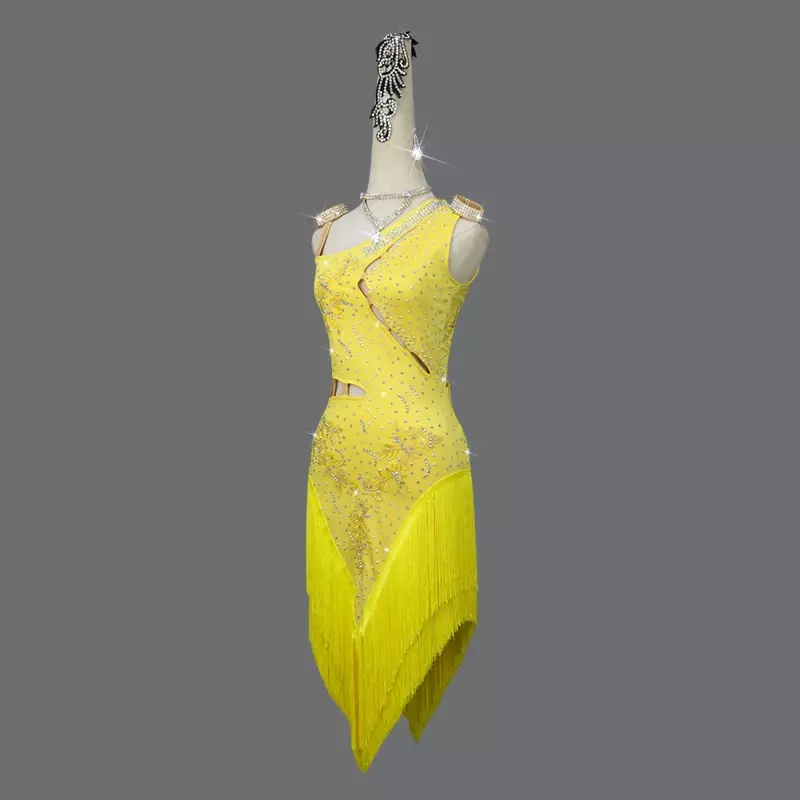 Nowa niestandardowa żółta latynoska sukienka damska diamentowa spódnica do tańca Cha Cha spódnica taneczna do Tango spódnica do tańca profesjonalnych kostiumów scenicznych dla dorosłych