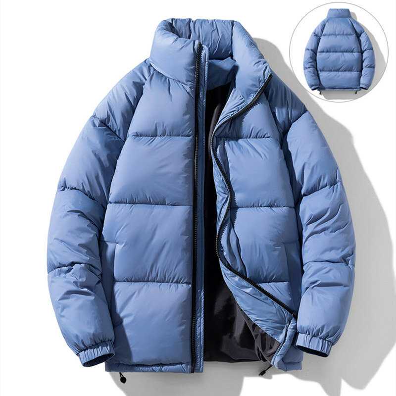 Inverno náilon masculino para baixo jaqueta gola longa manga cardigan bolsos solto sólido grosso moda casual para baixo jaqueta