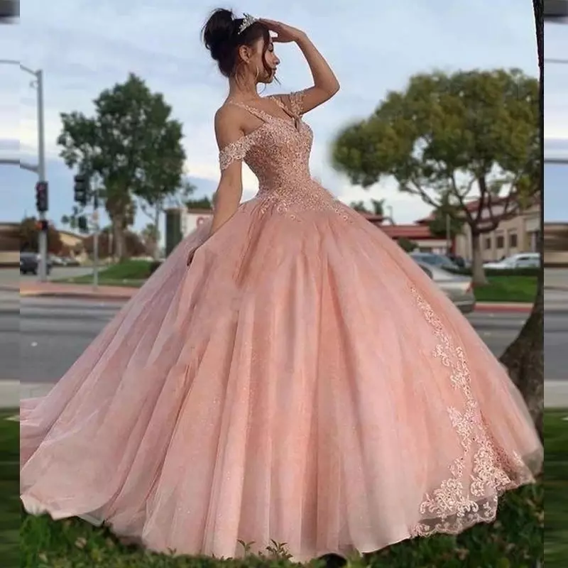 Blush Pink Tulle Ball Gown Quinceanera Dresses Meninas De 15 Anos Porno Appliques Ballkleid Vestidos De Debutante