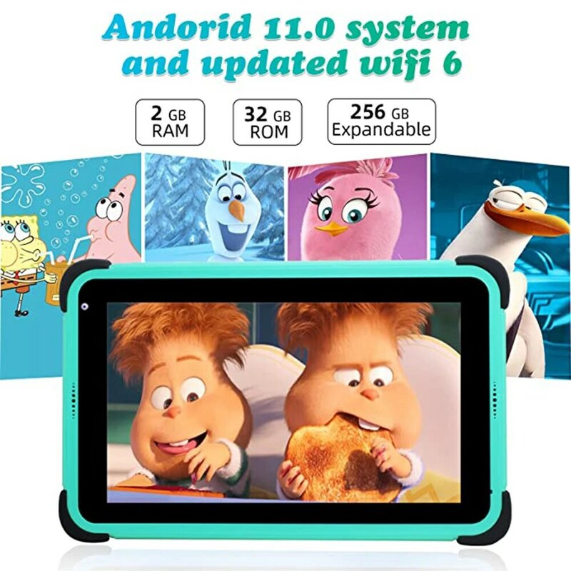 Weelikeit 그린 학습용 어린이 태블릿, 스탠드 포함, 8 인치, 안드로이드 11, 1280x800, IPS, 2GB, 32GB 쿼드 코어, 4500mAh, 와이파이 6
