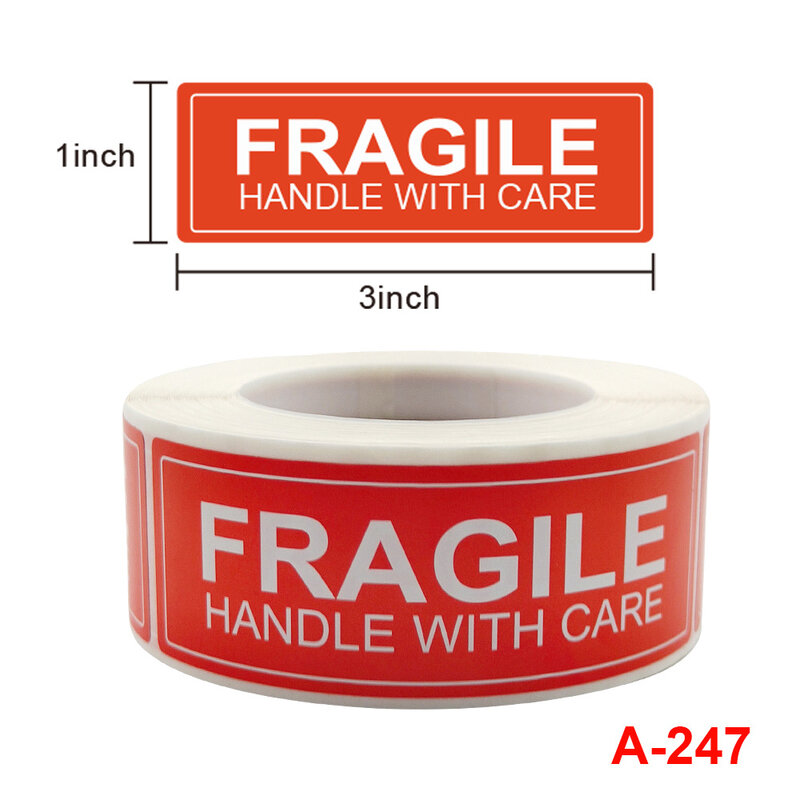 250 pz/rotolo adesivi rossi Fragile etichetta adesiva di avvertimento maniglia con cura per il trasporto e l'imballaggio sigillo