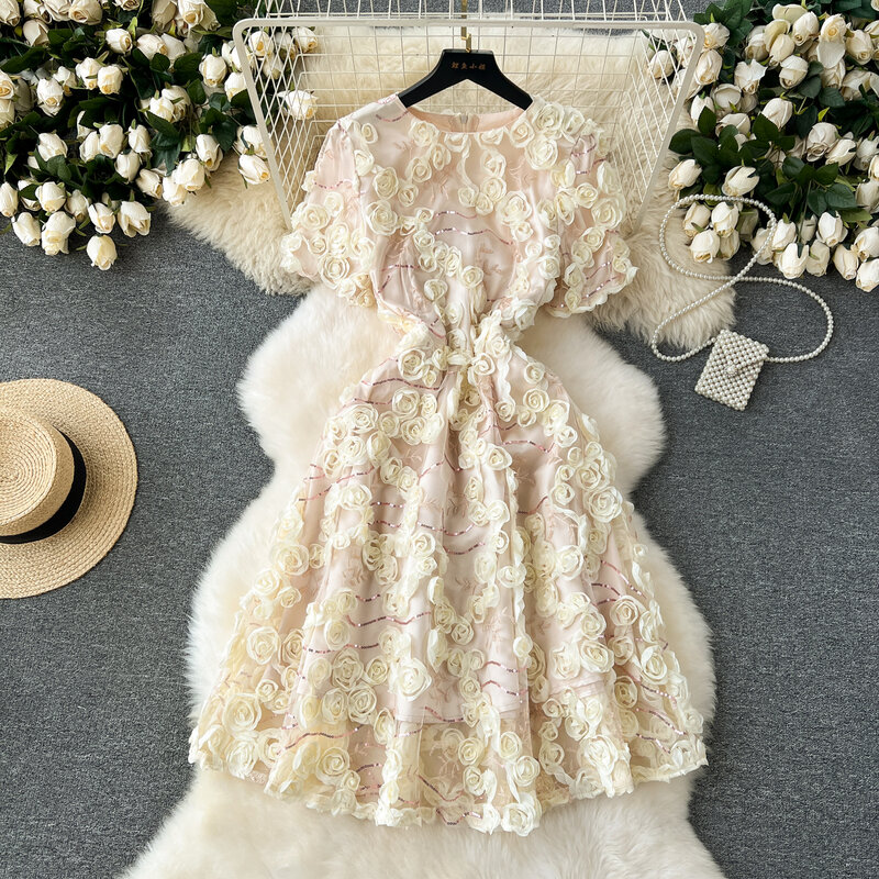 Vestido feminino vintage elegante com estampa floral com gola em O, manga puxada, moda A, primavera, verão, vestidos de praia
