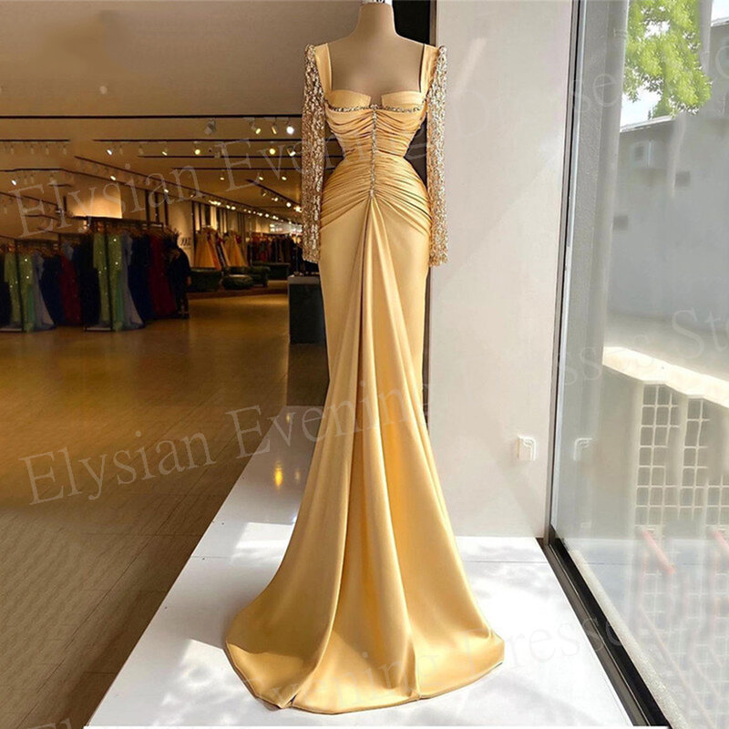 Robe de soirée sirène plissée à manches longues pour femmes, robes de Rhperlées, robe classique, simple et gracieuse, moderne et jaune