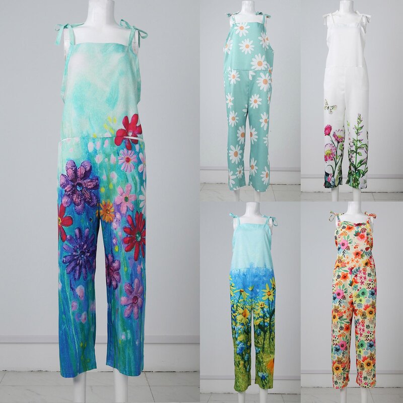 Women'S Retro Strappy Jumpsuit Fashion Summer Sweet Loose Casual Flower Print Jumpsuits Regular Comfy Loose Straight Rompers