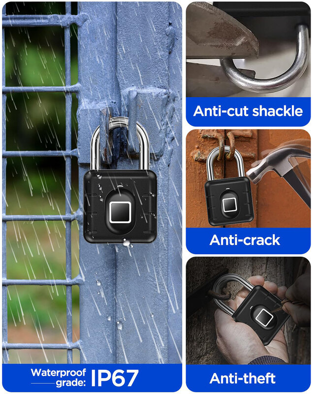 Fingerprint Padlock Waterproof Lock Smart Keyless Biometric Lock IP67 Outdoor/Indoor Suitable for Luggage School Locker GyM