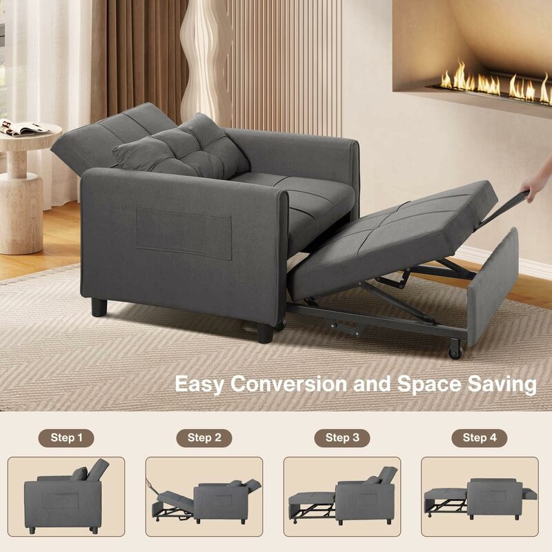 Convertible Futon Sofa Bed, 3-in-1 Multi-Functional Sleeper Chair Bed, Adjustable Backrest Recliner with Modern Linen Fabric
