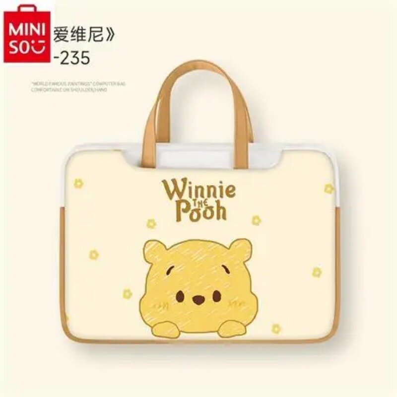 MINISO Disney Cute Winnie Bear maletín de almacenamiento de archivos PU de alta calidad, adecuado para 14 pulgadas, 15,6 pulgadas y otras bolsas de ordenador