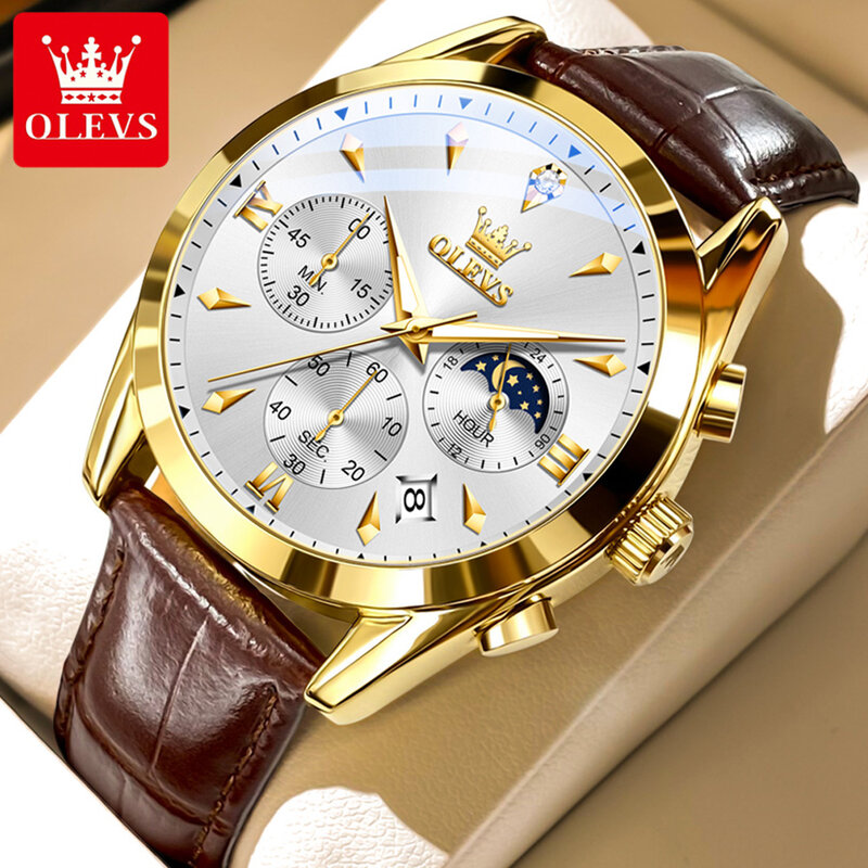 OLEVS 3609 NEW Men's Watches Trend Grey Multifunctional Chronograph Waterproof Moon Phase Auto Date Clock Men Wristwatch