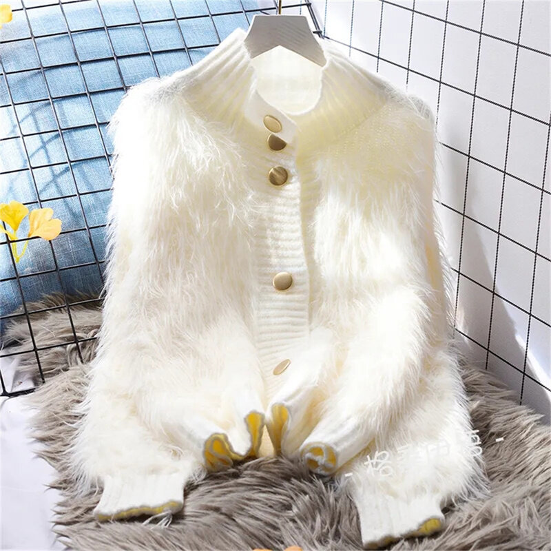Fashionn mantel bulu imitasi wanita, jaket rajut, Sweater pendek warna putih, kardigan longgar dan malas gaya Korea baru musim gugur