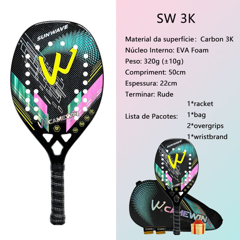 Camewin-raqueta de tenis de playa 3K para hombres y mujeres, raqueta deportiva de superficie rugosa de fibra de carbono completa para adultos, jugador mayor, 2024