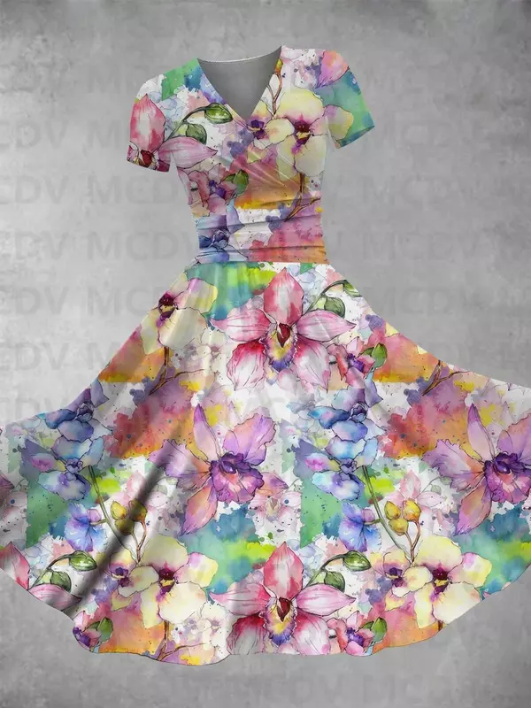 Женское винтажное платье макси с V-образным вырезом и цветочным принтом