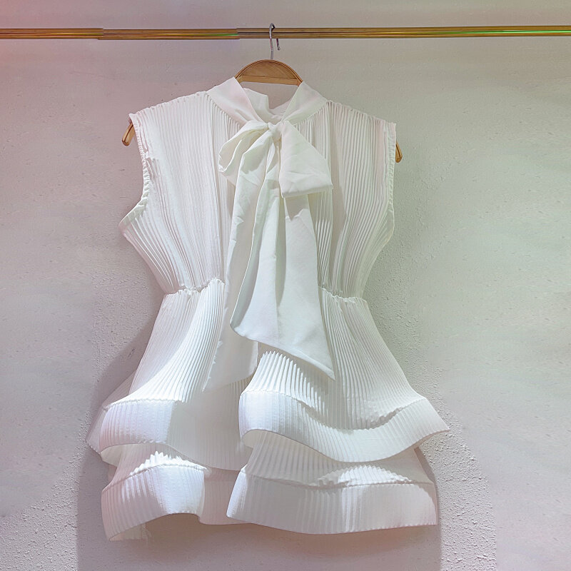 Blusa plisada sin mangas con cuello de lazo para Mujer, camisa blanca con volantes, cintura delgada, Y2k, Verano