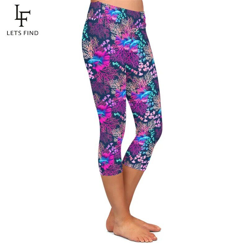 LETSFIND Summer High Quaility 3D Rainbow Fish Printing Women Capri Leggings High Waist Soft Fitness Mid-Calf Leggings