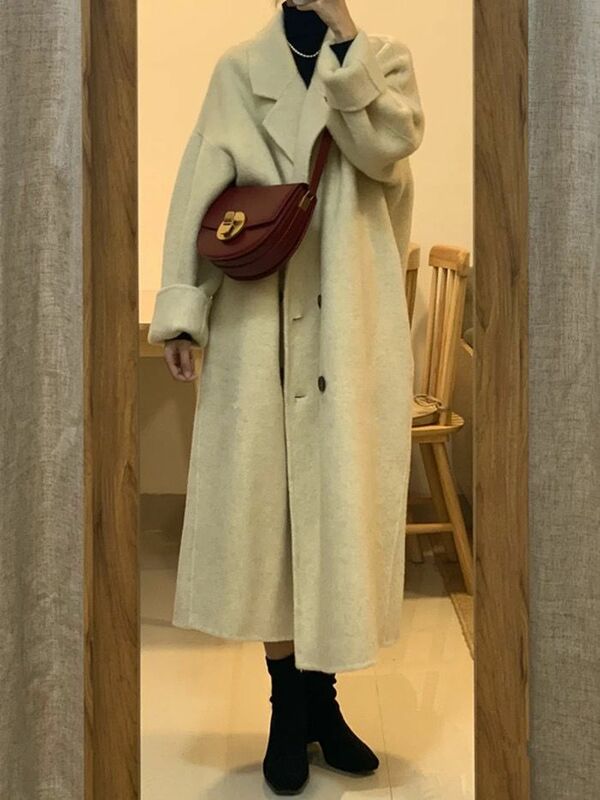 Abrigo de lana estilo Hepburn para mujer, abrigo de longitud media con cinturón coreano, otoño e invierno, 2022