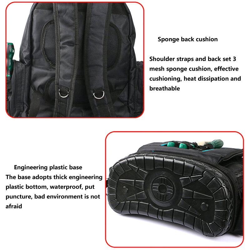 Saco de armazenamento impermeável com fundo de borracha, mochila multifuncional para ferramentas, grande capacidade, mochila multi-bolso para eletricista