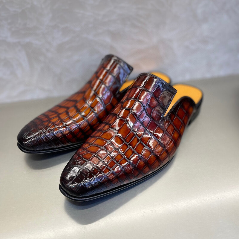 SEETOO Sapatos de couro genuíno, chinelos casuais masculinos, cor personalizada, crocodilo