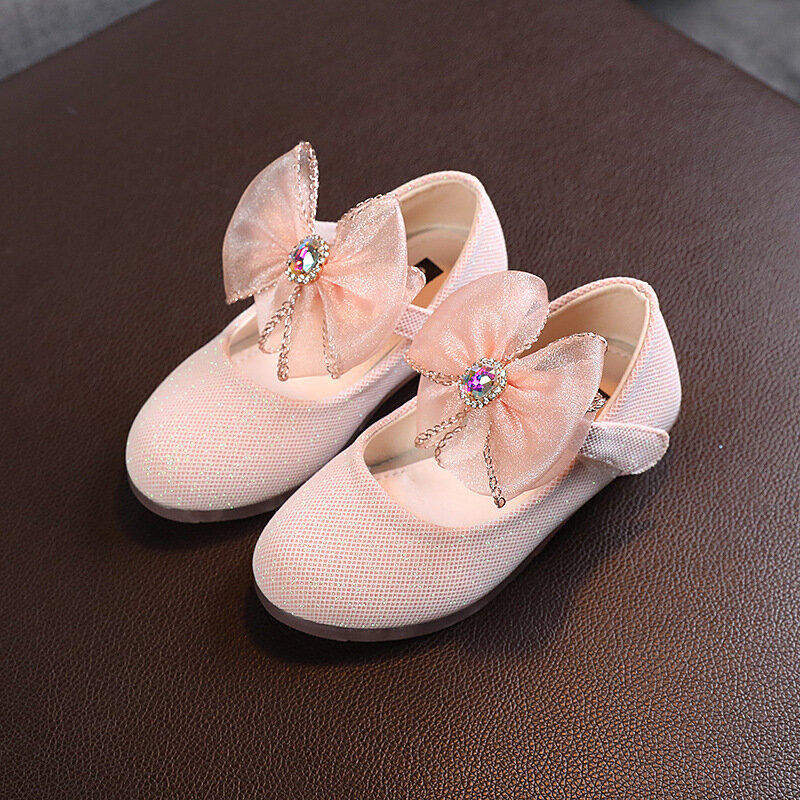 Girls Fashion Big Bow Leather Shoes Kids Korean Sweet High Heels Children Colored Rhinestone Princess Shoes Elegant Temperament