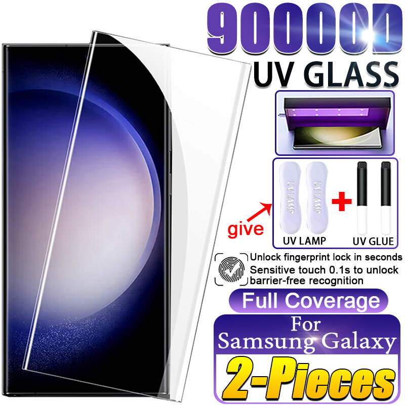 Pelindung layar Samsung Galaxy, 2 buah kaca Tempered UV melengkung untuk Samsung Galaxy S24 S23 S22 S21 S20 Plus Ultra pelindung layar Note 20 S 10 Lite 5G