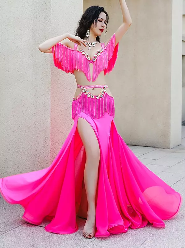 Women Adult Sequin Flash Drill Belly Dance Clothing Dynamic Tassel Split Dancewear Competition Stage Performance Costumes