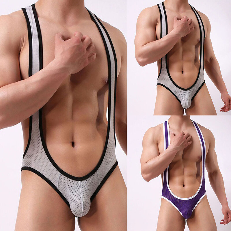 Jumpsuit pakaian dalam Gay Leotard Backless Jockstrap pria Bodysuit seksi baju tidur Romper elastis Lingerie erotis bokong terbuka