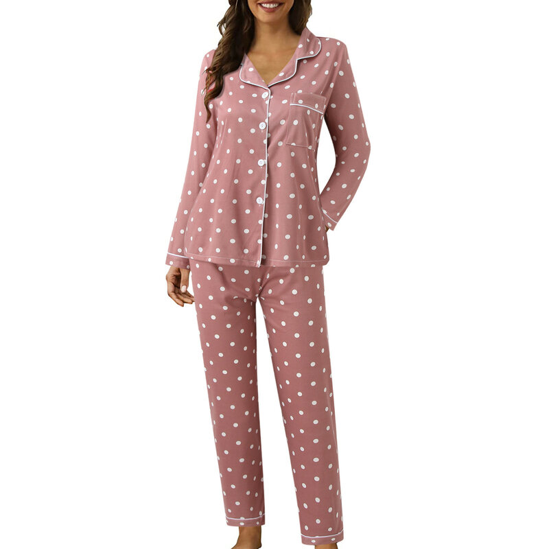 Весенне-осенняя пижама в горошек с животным принтом, спальная одежда с V-образным вырезом, Женский комплект из 2 предметов, милые пижамные комплекты с графическим рисунком и длинным рукавом