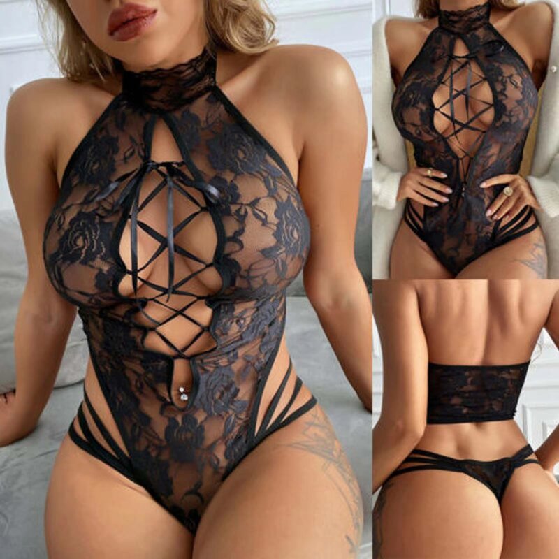 Bodysuit feminino renda transparente oco para fora lingerie sexy sleepwear malha renda transparente ver-através de ursinhos traje sexual erótico