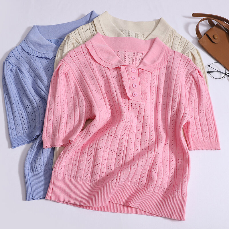 Sweet knit short sleeve pullover women's summer fashion doll collar bubble sleeve hollow-out knit top