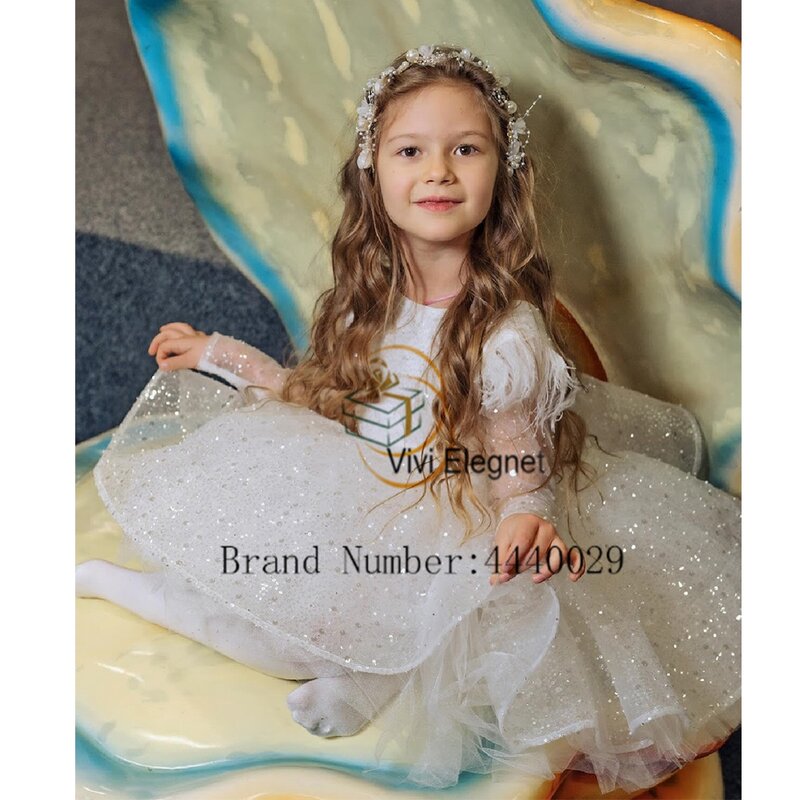 Scoop Iovry Flower Girls Dresses with Sequined 2024 Summer Full Sleeve Christmas Gowns for Princess Feather فلور فتاة اللباس