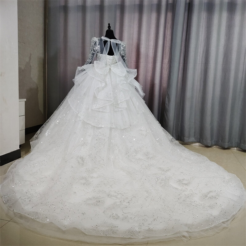 Real Photos Full Sleeves Deep V Neck vestidos de novias 2024 abiti da cerimonia donna elegante Luxury Long Train GB057T