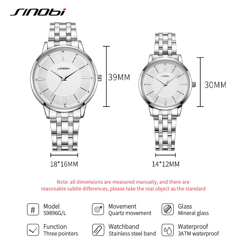 SINOBI Luxury Brand Couple Watches Waterproof Luminous Stainless Steel Quartz Watch His and Hers Moon Phase Fashion Lovers Set