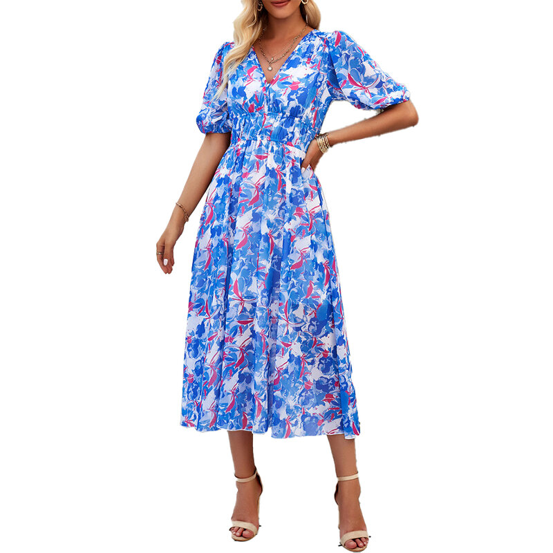 V-Neck Long Dress Microelasticity Printed Short Sleeve Elegant For Daily Long Dress Tighten The Waist To Ankle