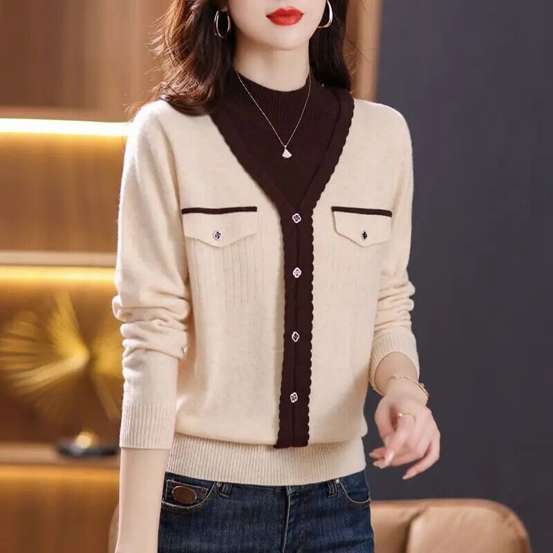 2023 New Autumn and Winter Fashion Half High Neck Slim Fit Fake Two Piece Knitted Temperament Casual Colored Women's Sweater