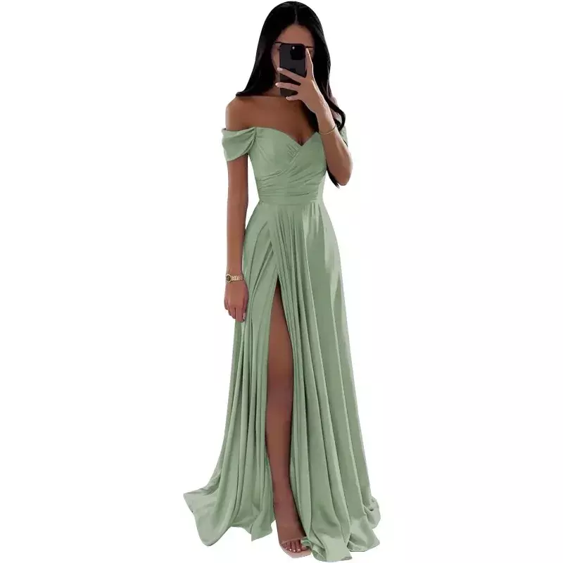 Wakuta Sexy Off Shoulder Satin Bridesmaid Dresses for Wedding A Line Ruched Corset Long Formal Prom Dress for Women with Slit
