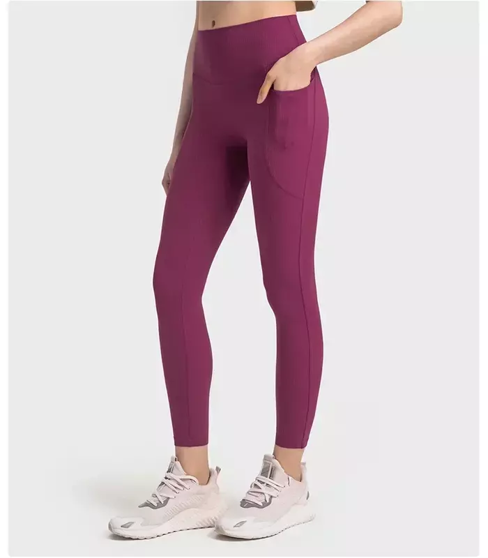 Cytrynowe damskie legginsy z prążkowanego materiału z wysokim stanem i kieszeniami Gym Running Sport Yoga Pants Outdoor Jogging Sport Tights Trousers