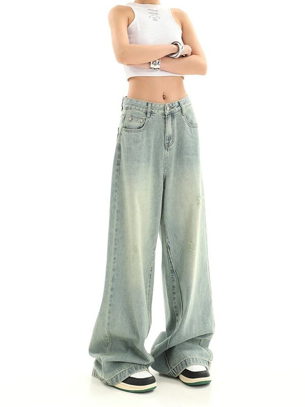 Jeans da donna a vita alta dritti con lavaggio retrò pantaloni larghi in Denim con Design strappato pantaloni da donna stile Harajuku Streetwear Chic