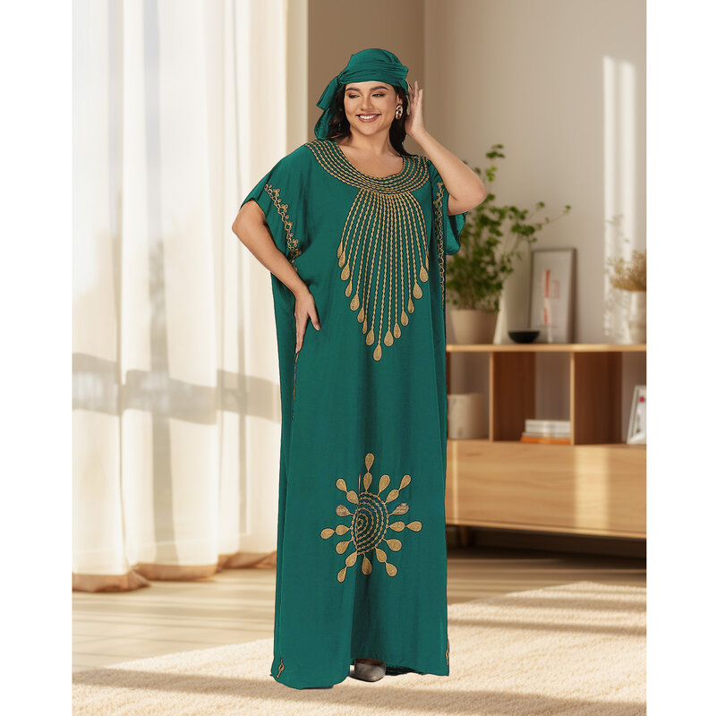 플러스 사이즈 Caftan 여성용 아프리카 Dashiki Abayas, 100% 코튼 O넥 Jilbab 반팔 드레스
