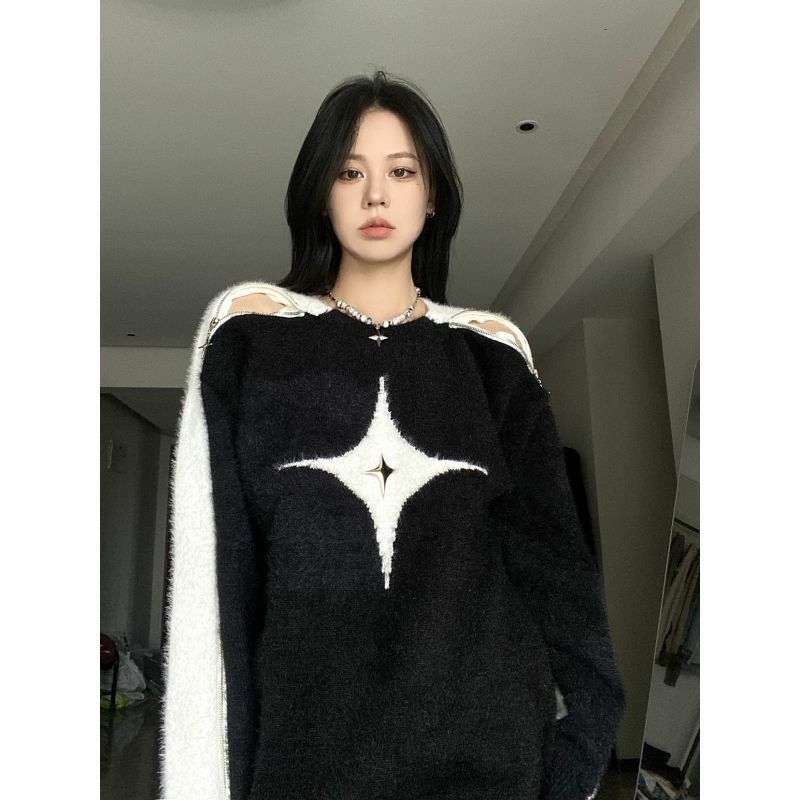 Harajuku Retro Y2k Oversized Star Strapless Sweaters Long Sleeve Pullover Lazy Style Casual Hip Hop Sweater Men Women Streetwear