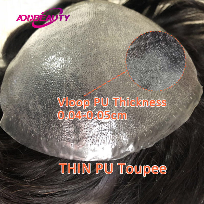 Men Toupee THIN SKIN PU 0.04-0.05mm Human Hair Wig Vloop Indian Human Hair System Replacement Wave Straight Men Hairpiece Brown