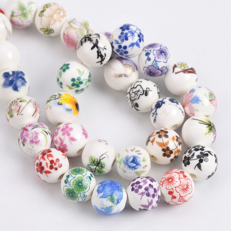 10 pezzi 10mm 12mm motivi floreali rotondi in ceramica porcellana perline distanziali allentate per artigianato fai da te braccialetto creazione di gioielli 1 # ~ 44 #