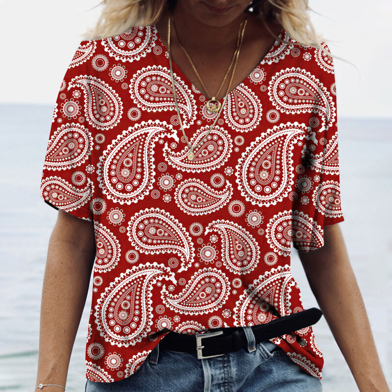 Nadruk w stylu Vintage Top damski Streetwear z krótkim rękawem letnia koszulka moda damska Casual V dekolt T koszulki Y2k Oversized odzież damska