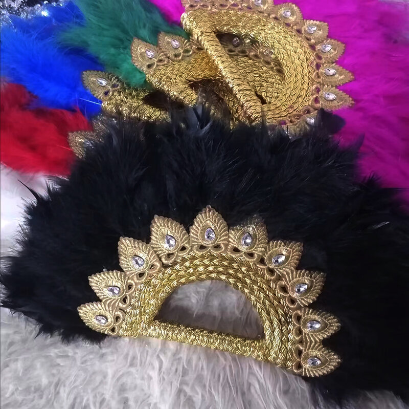 Abanico de plumas de pavo africano hecho a mano, abanico negro para baile, decoración de boda con piedras hechas a mano, personalizado, 1 ud.