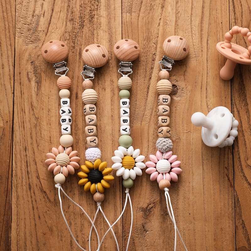 1pc Personalized Name Baby Pacifier Clips Chain Sunflower Wood Pacifier Clips Safe Teething Chain Soother Chew Toy Dummy Clips