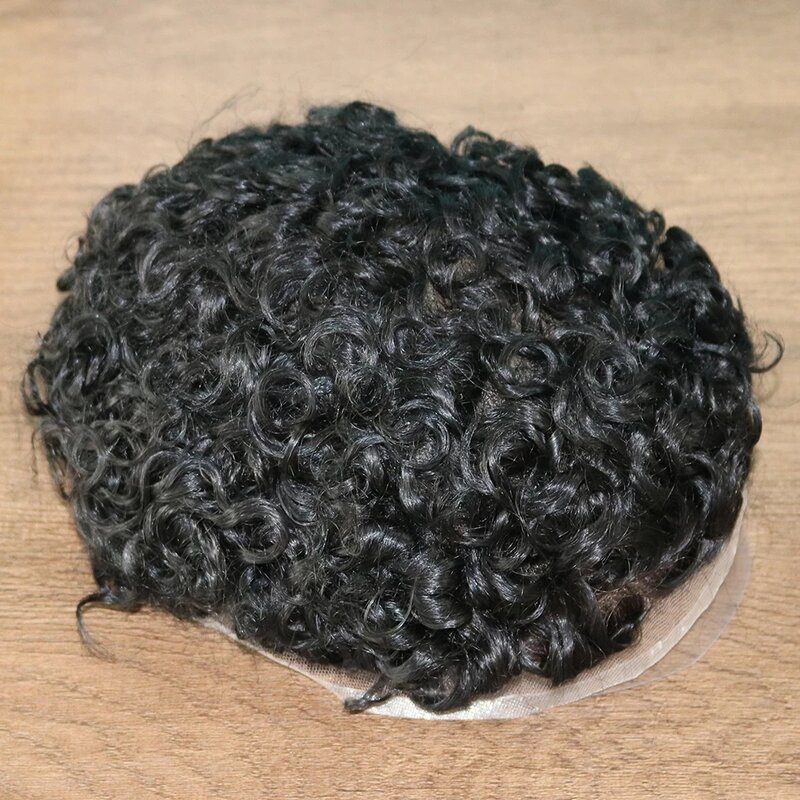 Парик мужской из натуральной кожи, виригин на тонкой основе из искусственной кожи, естественный шнур волос 18 мм, вьющийся капиллярный протез