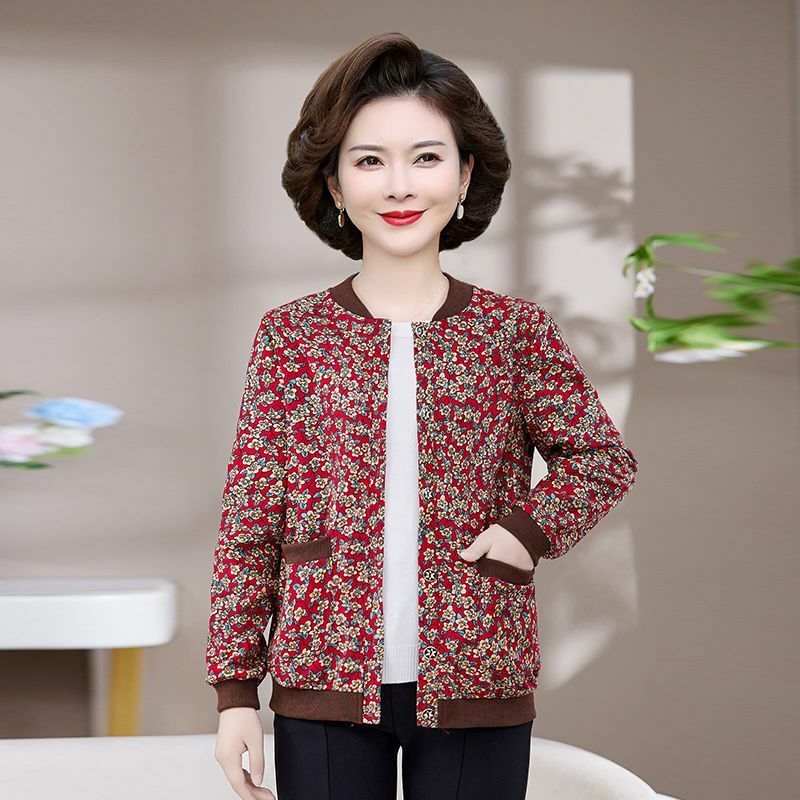 Jaket motif bunga wanita, baju Kantor Wanita Atasan hangat kebesaran bersaku kancing Vintage bermotif bunga 2023 musim dingin